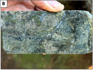 Examples of core from South Zone B) AXE-23-012: Pyrite-chalcopyrite in quartz and as patches in altered volcanics with garnet at 372 m.