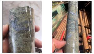 Examples of mineralized hydrothermal sulphide breccia from 2023 drilling at the West Zone. Left: AXE-23-011 at 878 m within 89-metre intercept reporting 0.32% Cu, 0.16 g/t Au and 0.95 g/t Ag from 873 to 962 m. Right: AXE-23-008 at 865 m within 153-metre intercept reporting 0.11% Cu, 0.17 g/t Au and 0.52 g/t Ag from 735 to 888 m.