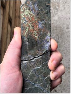 Example of core from MPD-23-001 at 511 m. Chalcopyrite and bornite within gypsum veins and potassic altered breccia in 75 m assaying 0.25% Cu, 0.23 g/t Au and 0.70 g/t Ag from 491 to 566 m.