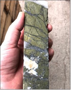 Example of core from MPD-23-002 at 288 m with semi-massive chalcopyrite in 116 m interval assaying 0.34% Cu, 0.28 g/t Au and 1.71 g/t Ag from 199 to 315 m.