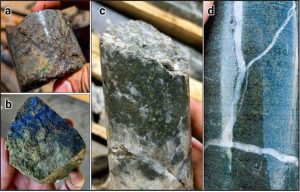 Examples of core from 2024 drilling at the Adit Zone, hole AXE-24-007: a) Strongly oxidized andesite breccia with pyrite-malachite in veinlets at 49 m; b) Hydrothermally altered diorite breccia with chalcopyrite-malachite-azurite-sphalerite in 13 m high-grade interval assaying 1.74% Cu, 0.03 g/t Au and 194.98 g/t Ag from 150.5 to 164 m; c) Massive chalcopyrite-pyrite in quartz flooded porphyritic dacite breccia at 222 m in 21 m interval assaying 1.24% Cu, 0.02 g/t Au and 5.36 g/t Ag from 206 to 227 m; d) Disseminated chalcopyrite-pyrite in diorite with late quartz stringers hosting chalcopyrite-molybdenum at 393 m in 51 m interval assaying 0.54% Cu, 0.01 g/t Au, 2.55 g/t Ag and 0.03% Mo from 347 to 398 m